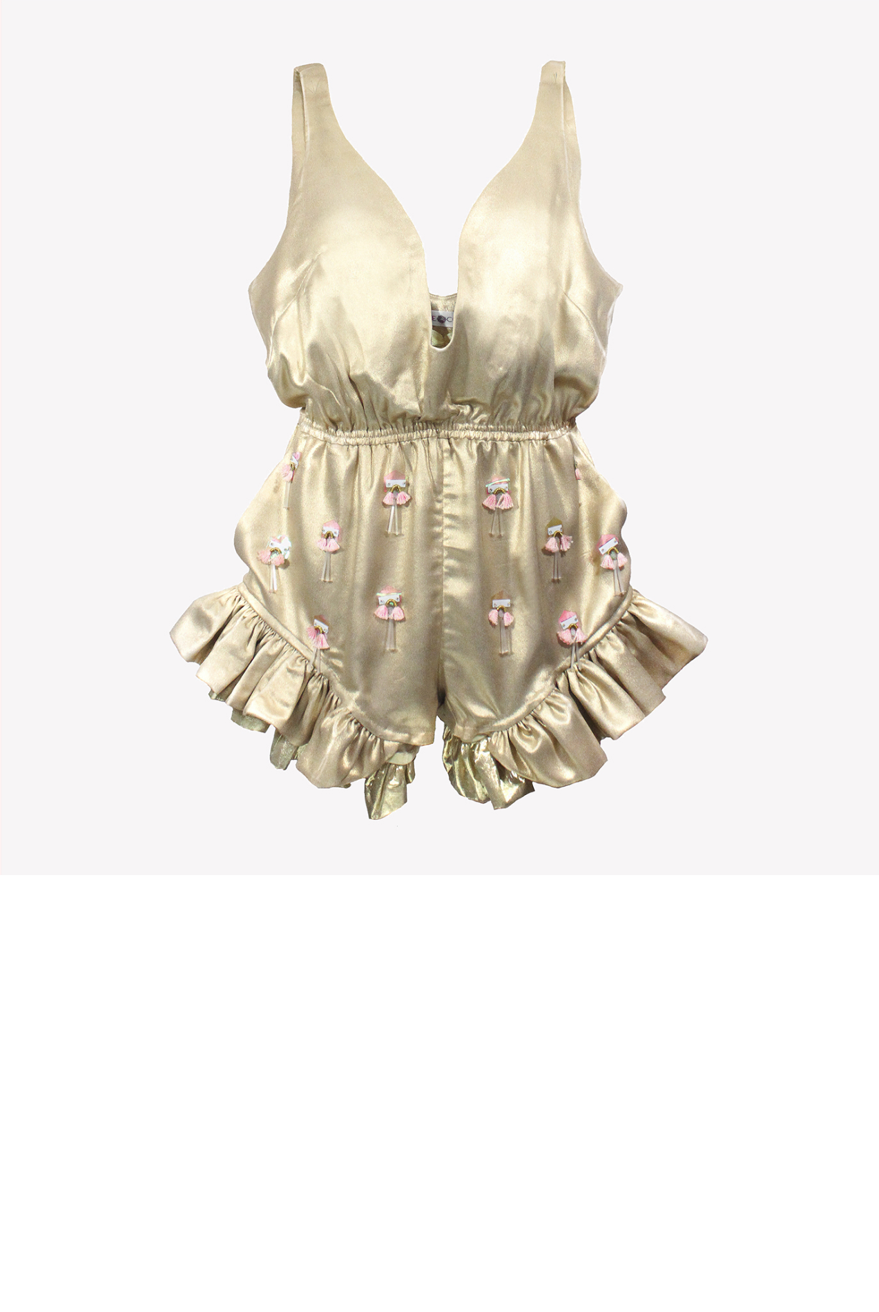 Madison - Gold playsuit with deep neckline, ruffles and tassel embroidery