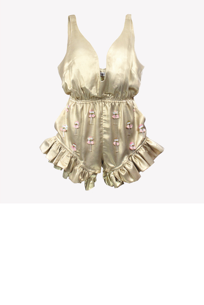 Madison - Gold playsuit with deep neckline, ruffles and tassel embroidery