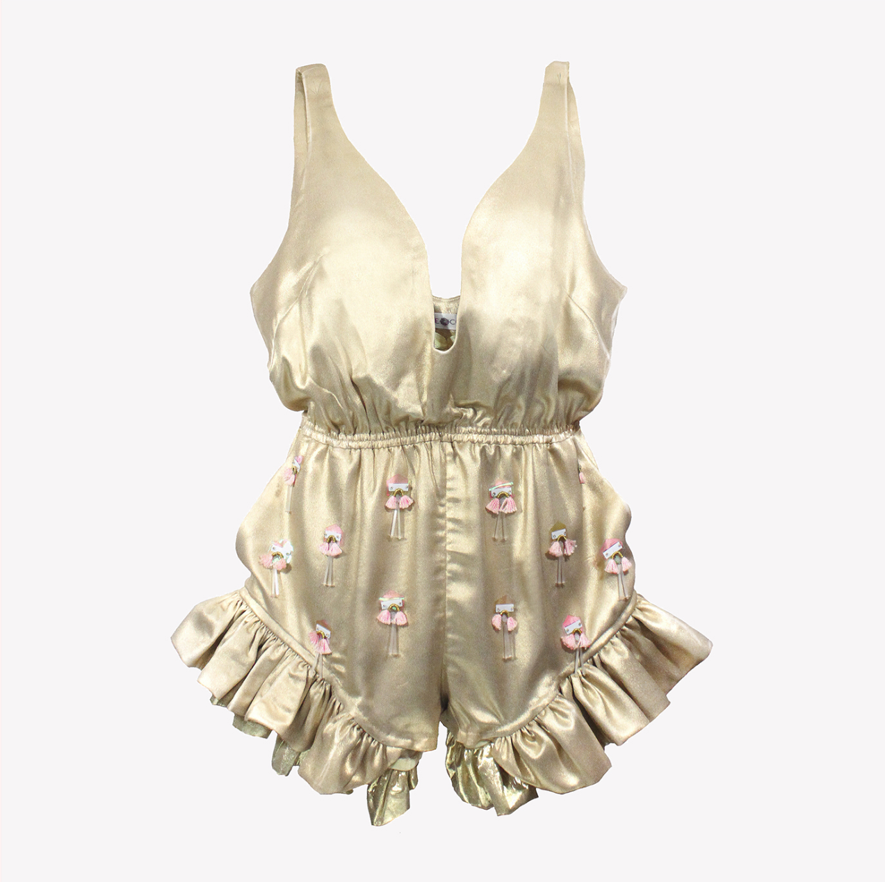 Madison - Gold playsuit with deep neckline, ruffles and tassel embroidery