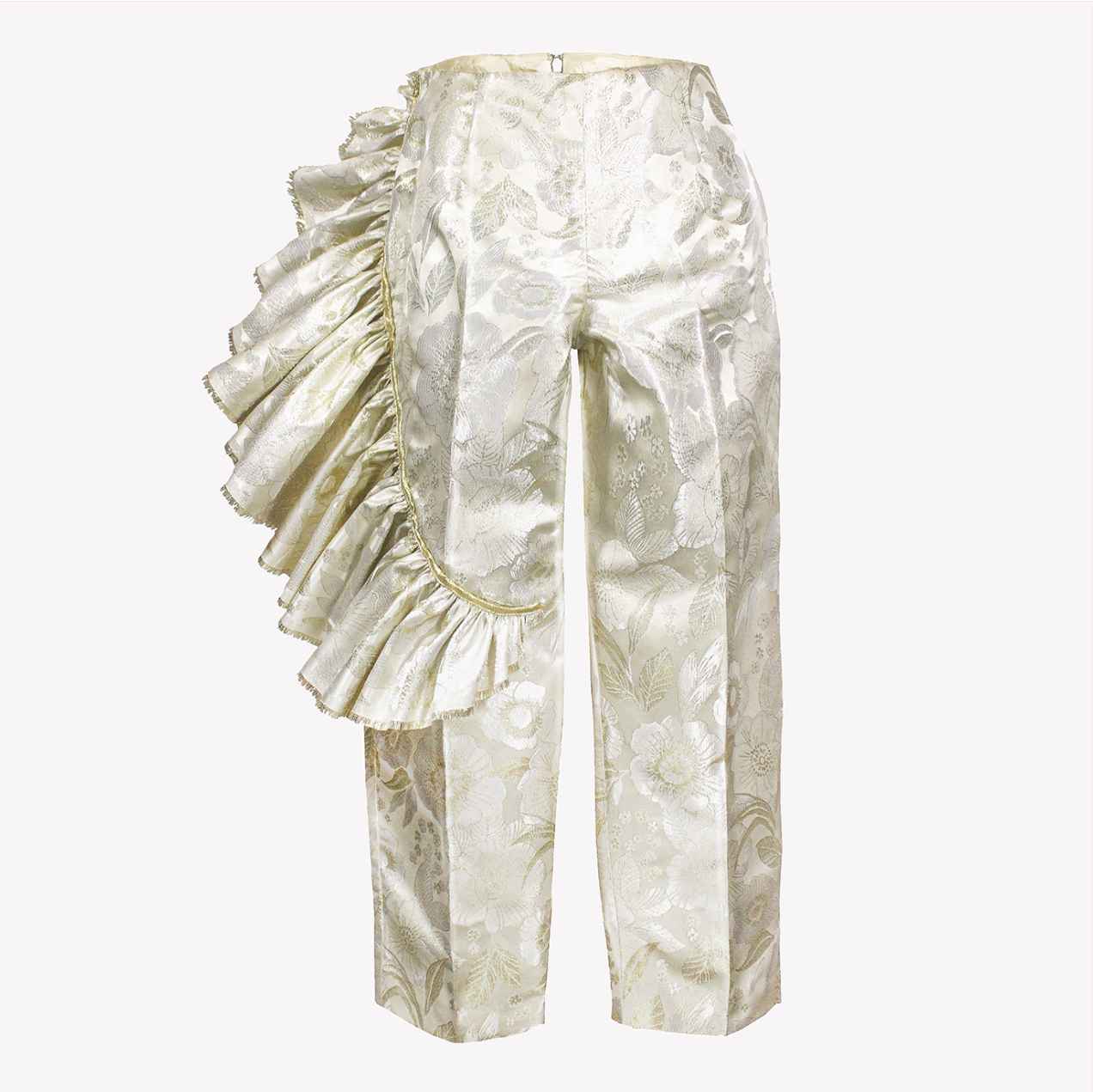 Gold brocade trousers with asymmetric ruffle