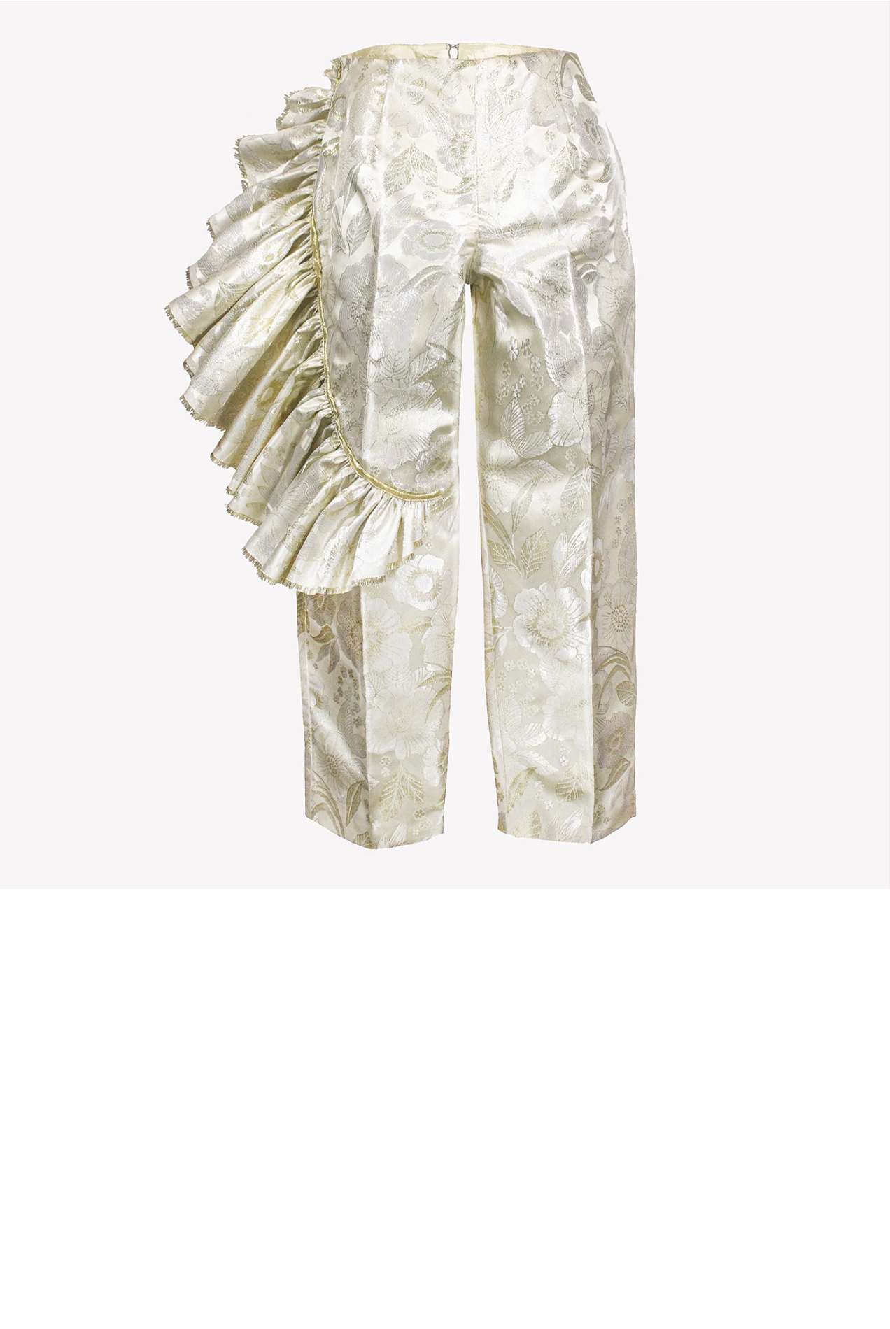 Gold brocade trousers with asymmetric ruffle