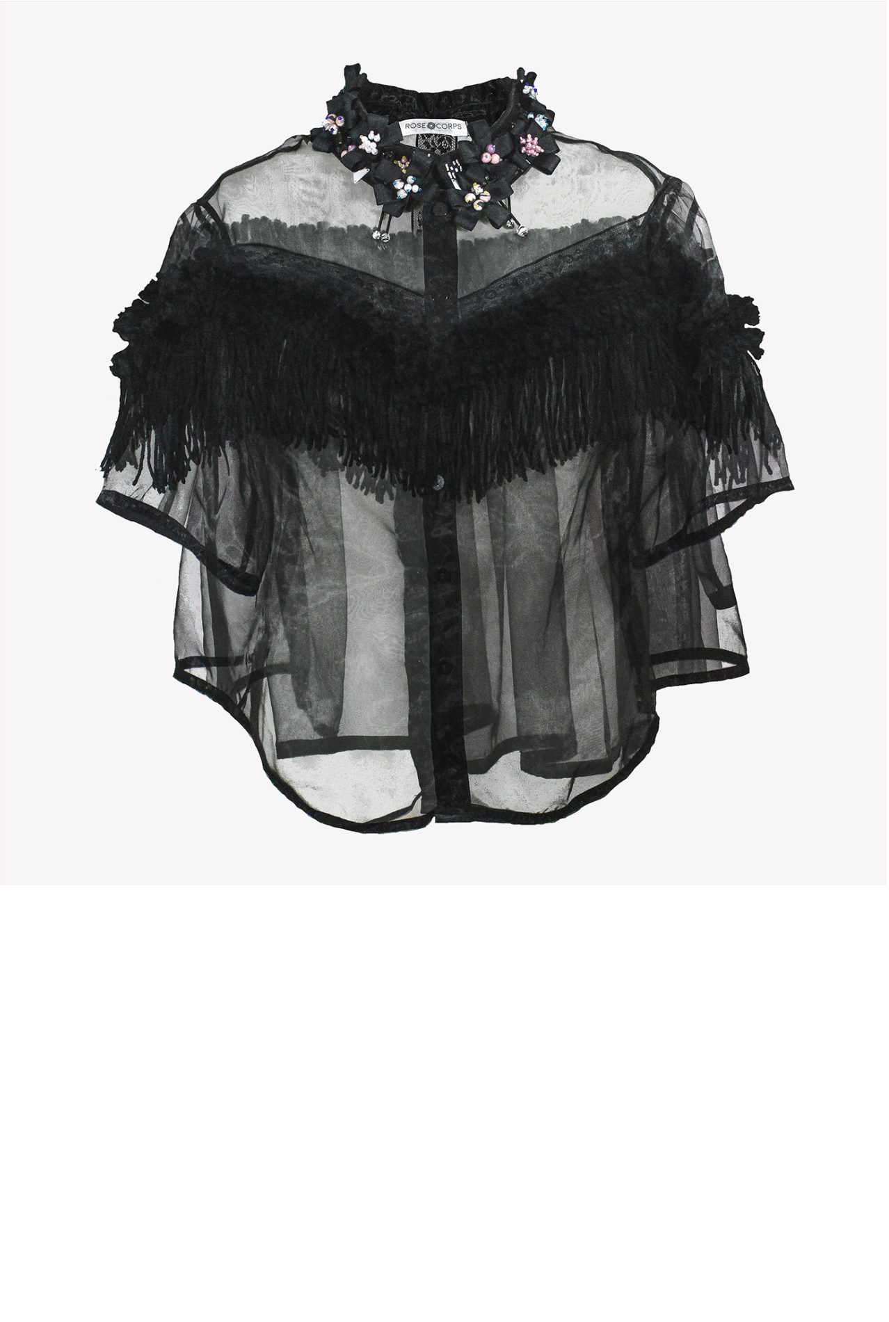 Annabelle - Organza shirt with fringe and ribbon flowers decoration