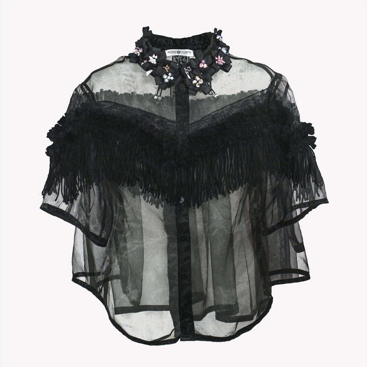 Annabelle - Organza shirt with fringe and ribbon flowers decoration