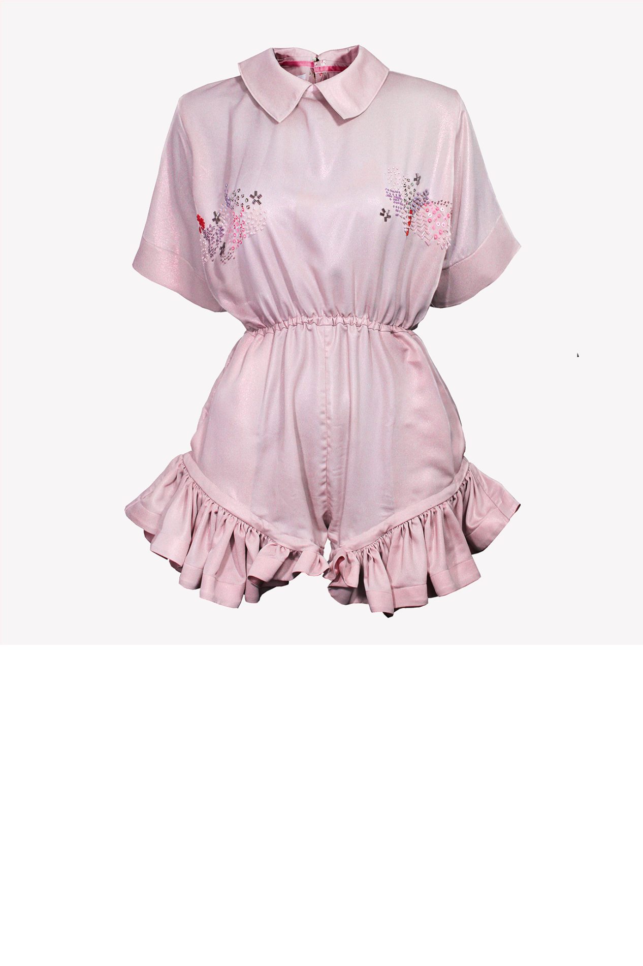 Pink playsuit with collar and colorful embroidery