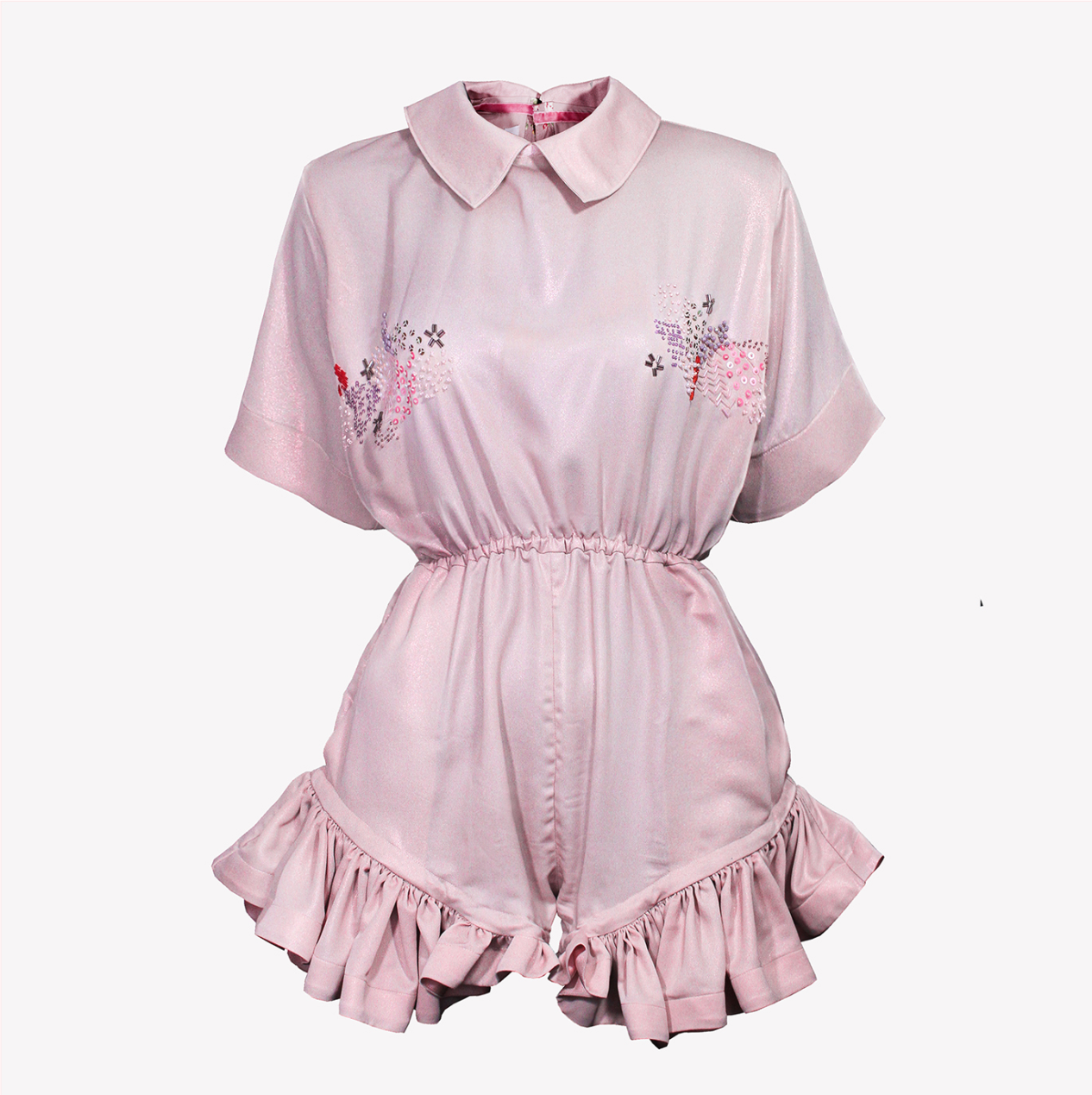 Pink playsuit with collar and colorful embroidery