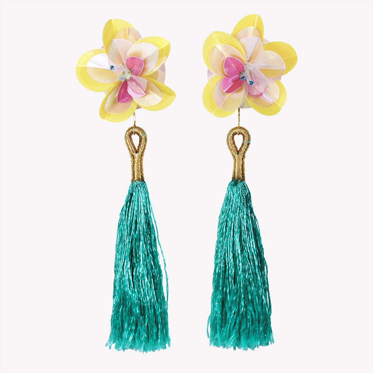 Large statement earrings with sequin flowers and tassels