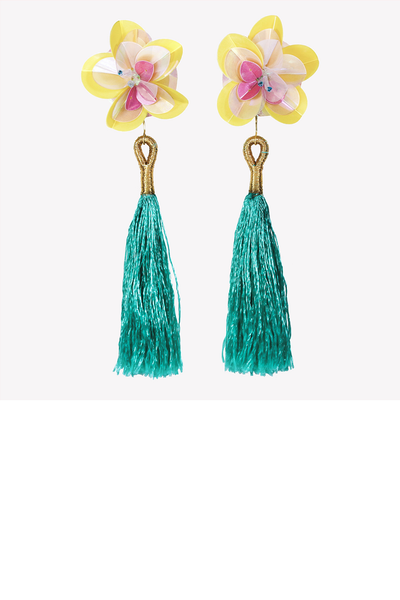 Large statement earrings with sequin flowers and tassels