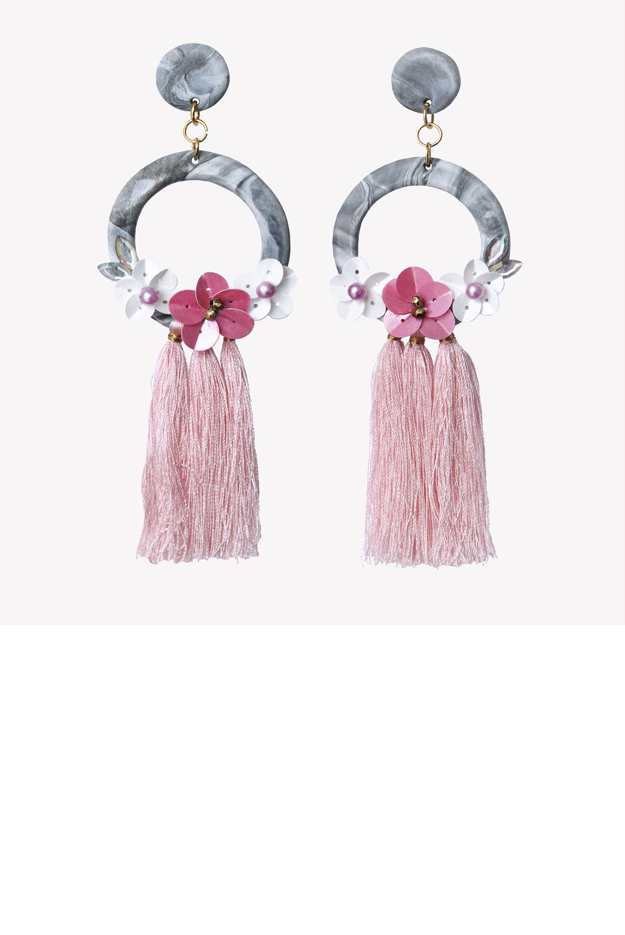 Marble earrings with tassels, sequin flowers & gems