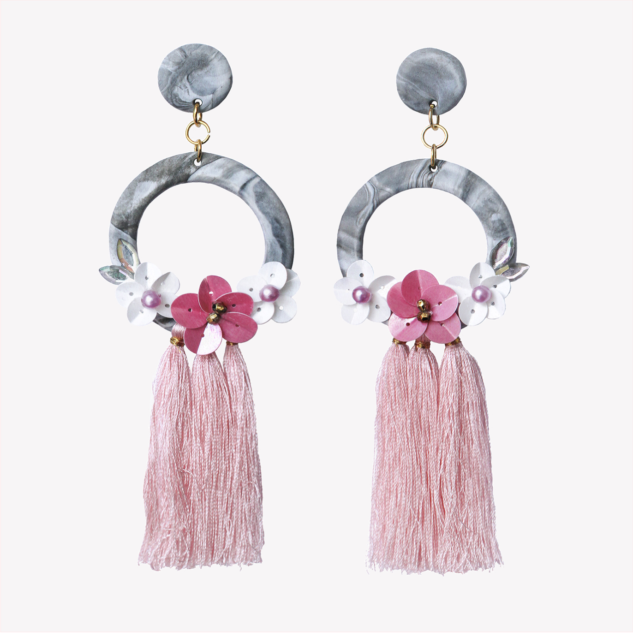 Marble earrings with tassels, sequin flowers & gems