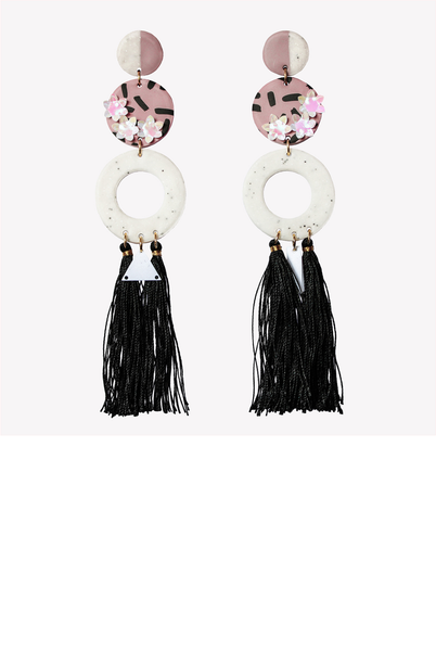 Long tassel fimo earrings with sequin flowers