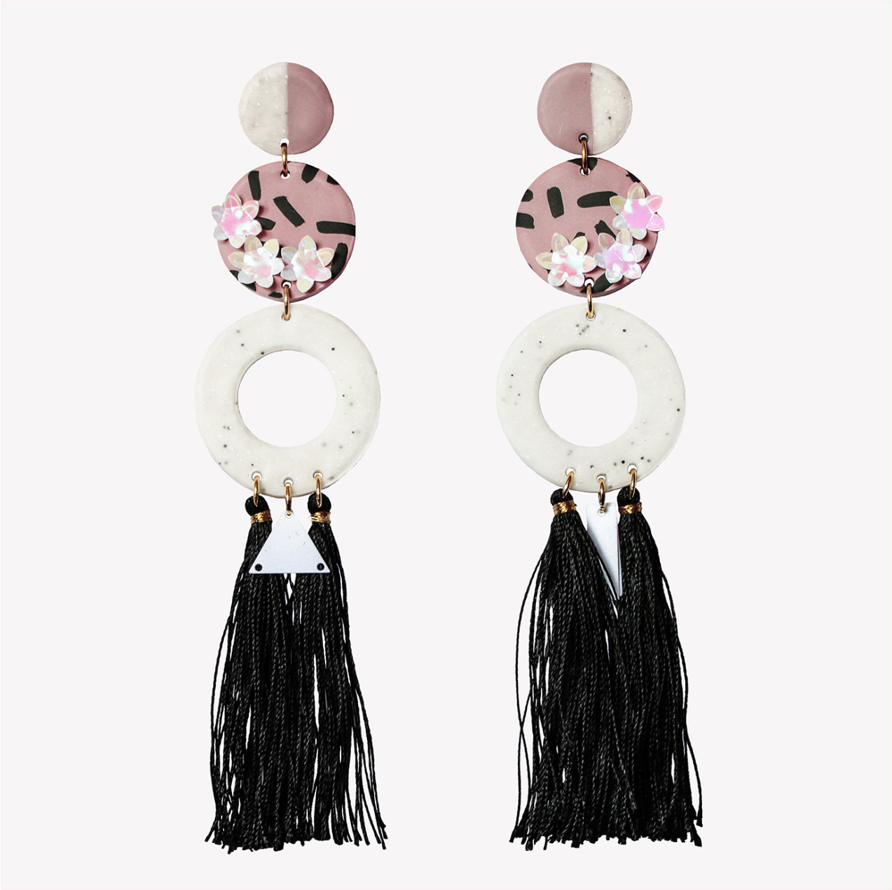 Long tassel fimo earrings with sequin flowers