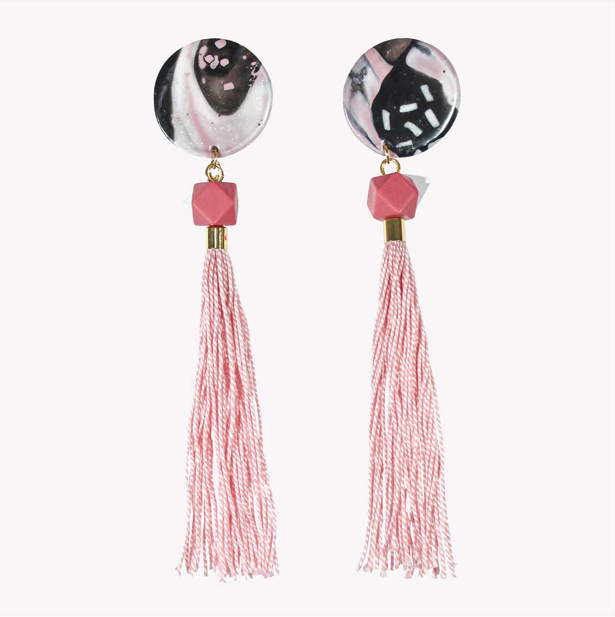 Pink tassel earrings with geometric bead and large fimo base