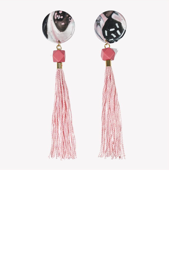 Pink tassel earrings with geometric bead and large fimo base