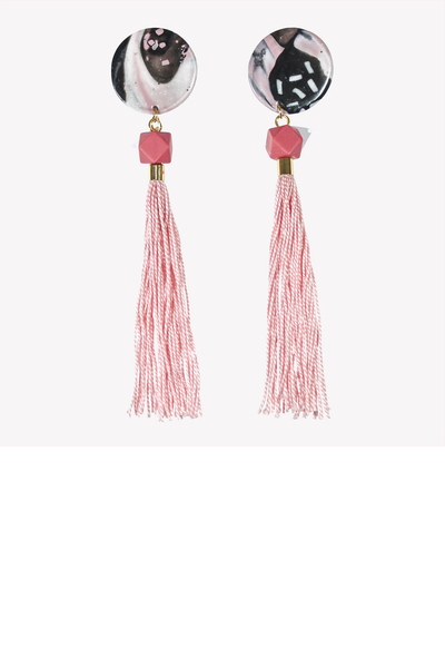 Pink tassel earrings with geometric bead and large fimo base
