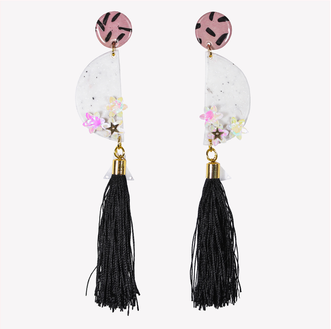 Long half circle earrings with black tassels and sequins