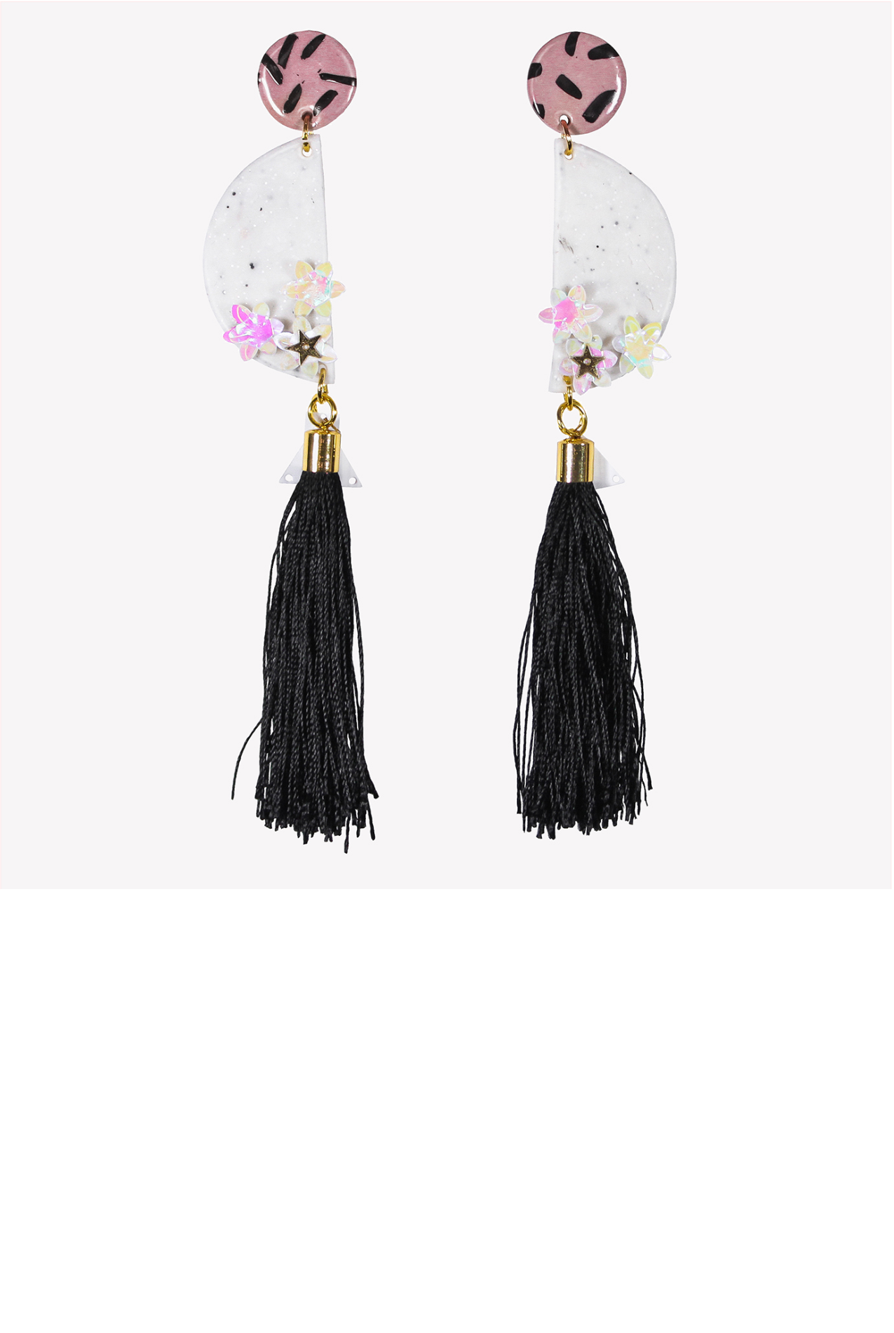 Long half circle earrings with black tassels and sequins
