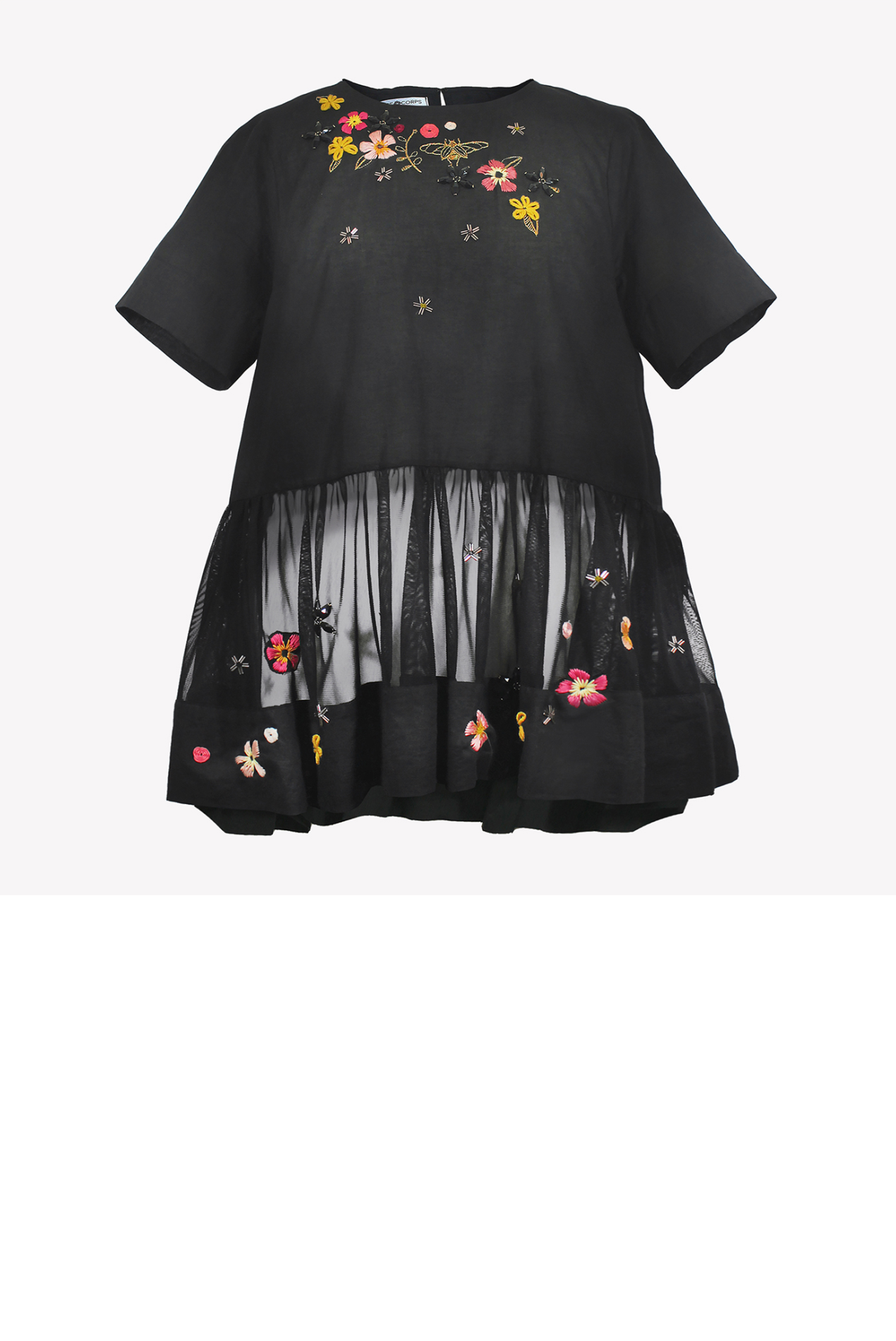 Top with tulle basquine and floral embroidery