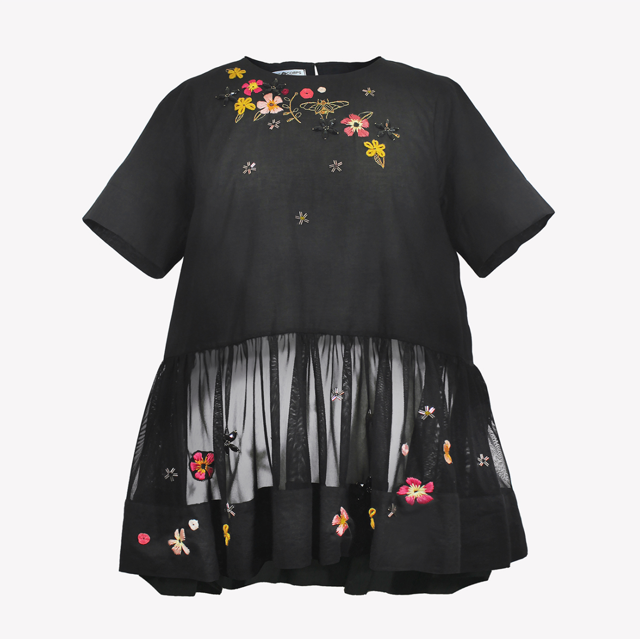 Top with tulle basquine and floral embroidery
