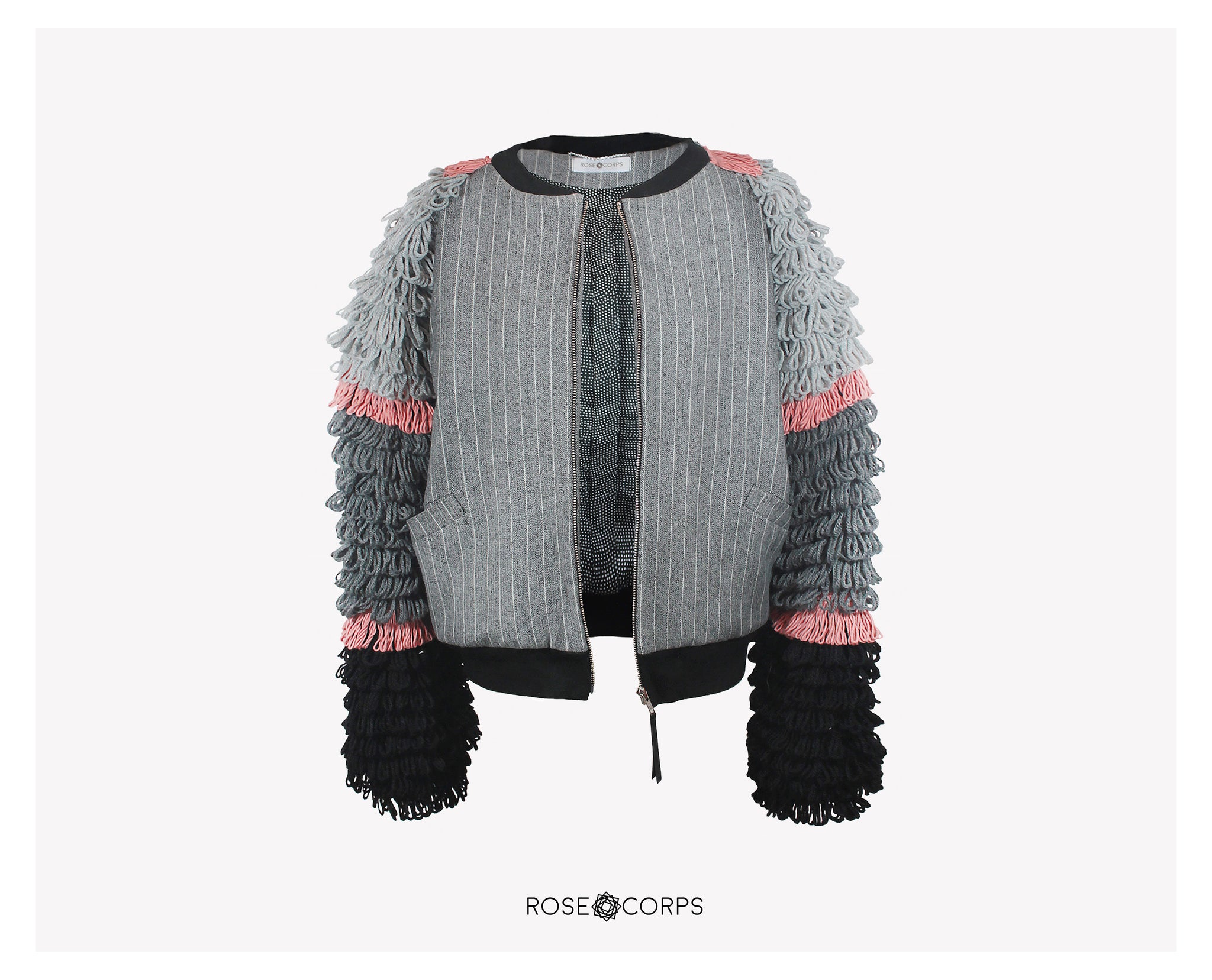 COUTURE BOMBER JACKET WITH FRINGY SLEEVES