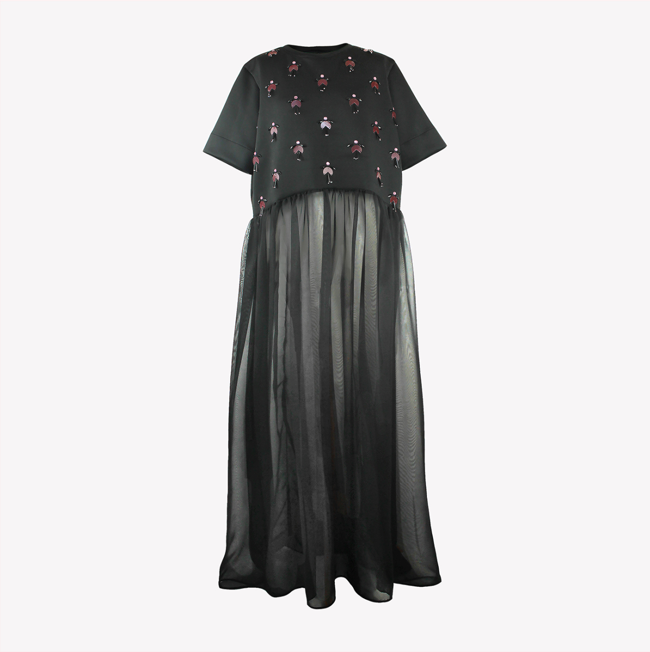 Embellished scuba top with maxi chiffon gathering