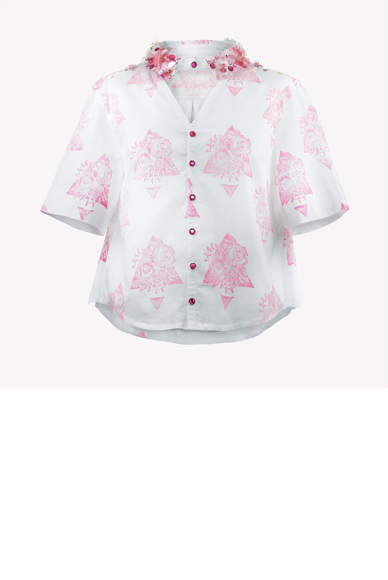 Hand printed shirt with sequin flowers