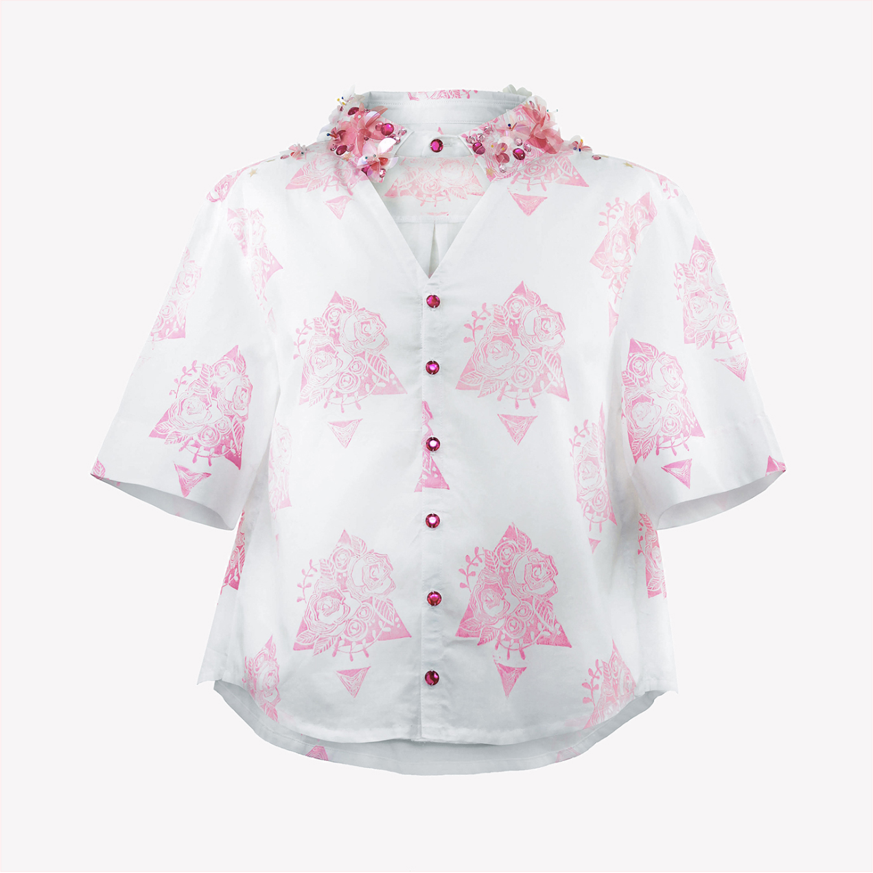 Hand printed shirt with sequin flowers