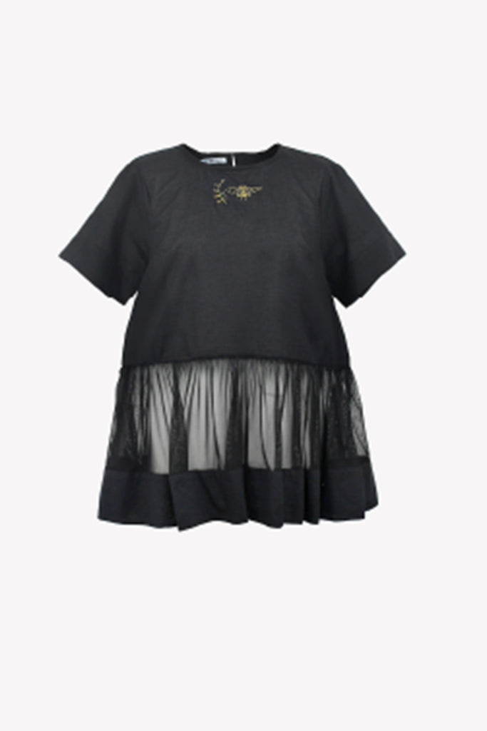 Cotton top with gold moth embroidery and tulle basquine