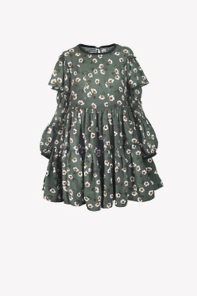 Floral dress with ruffles and shirring on sleeves