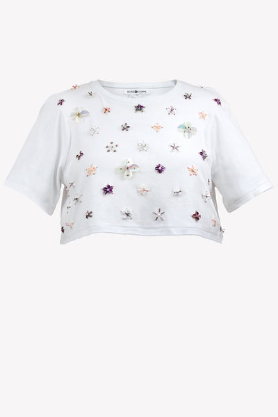 Jersey crop t-shirt with sequin & bead flowers