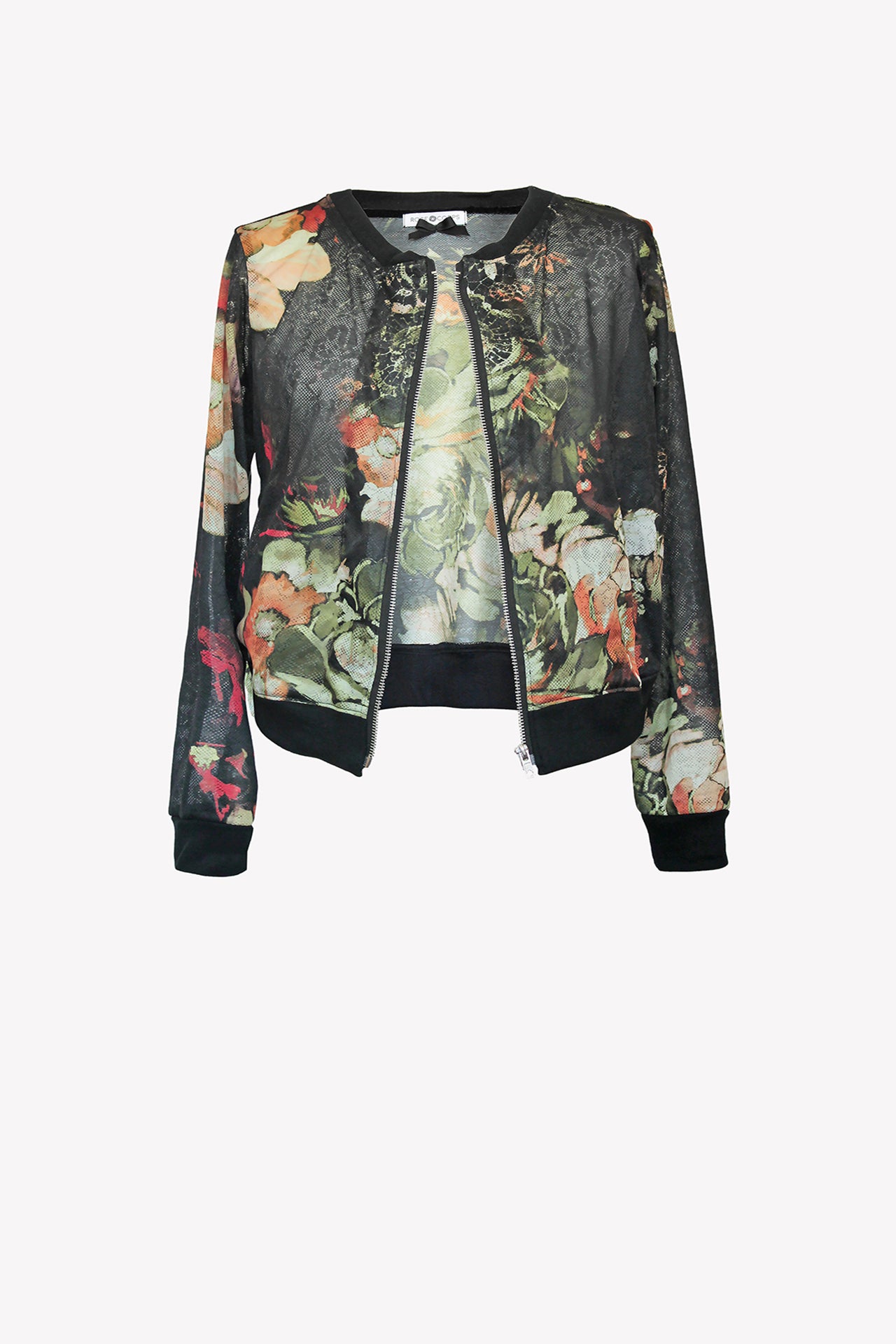 Lace bomber jacket with metal zipper