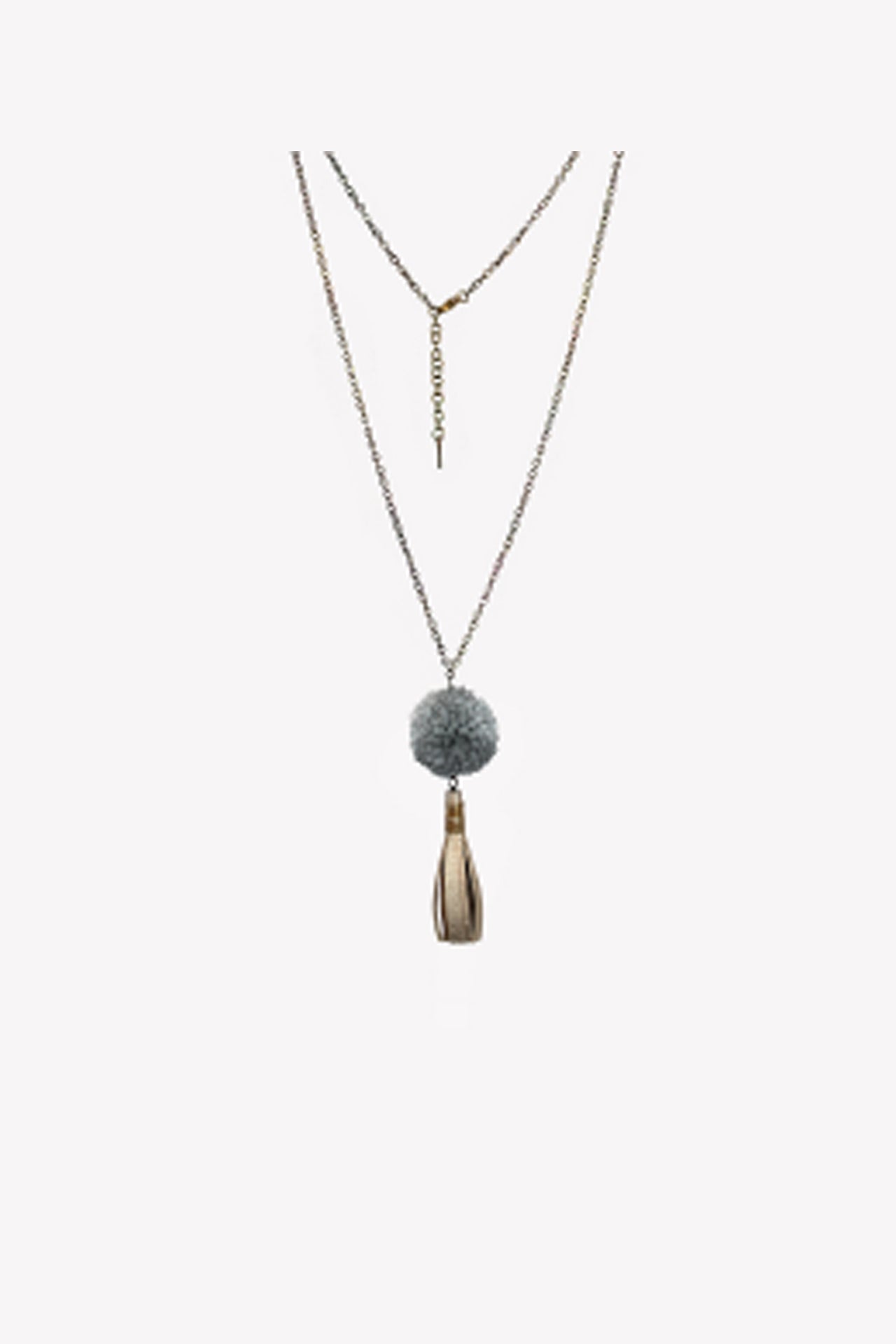 Long statement necklace with gray pompom and leather tassel