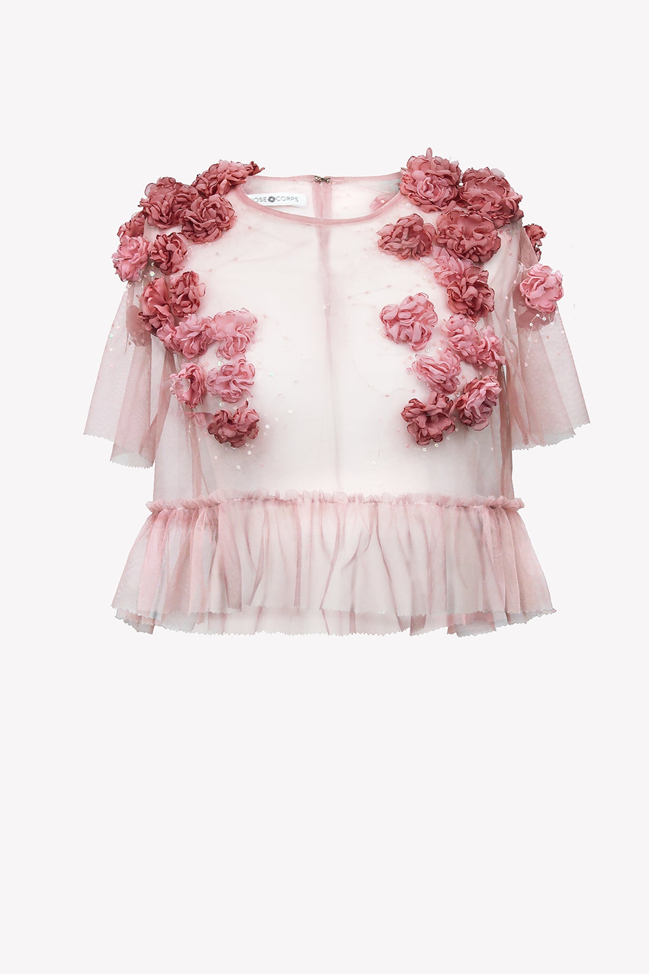 Mesh tulle crop top with artificial flowers and sequins