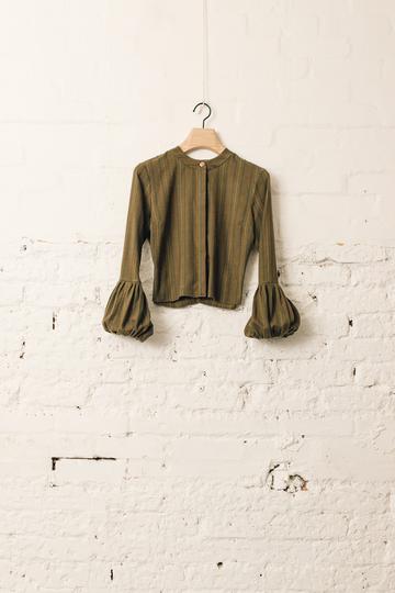 Volume Sleeved Stripe Top, Dark Green