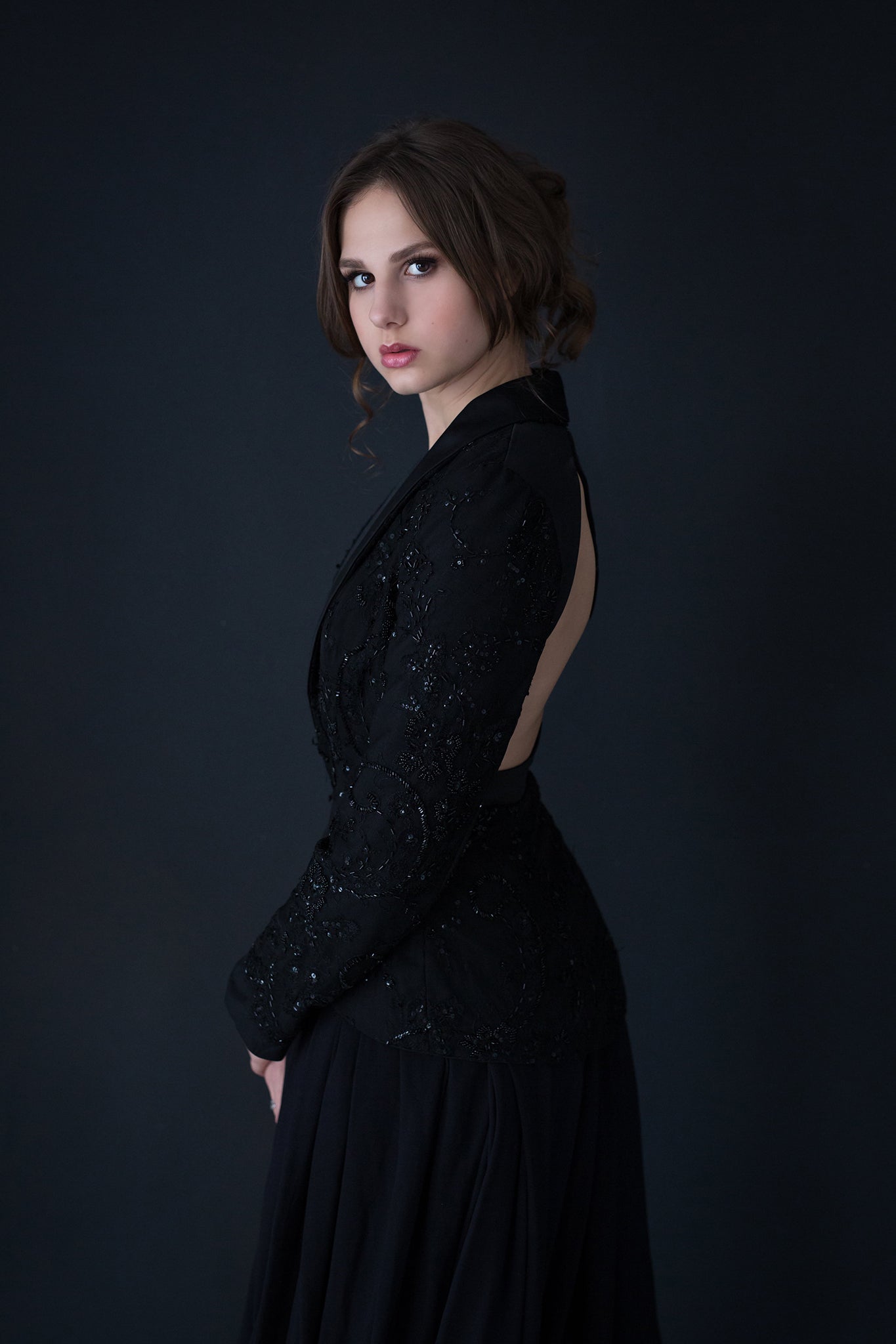 Open Back Beaded Blazer And Full Chiffon Skirt