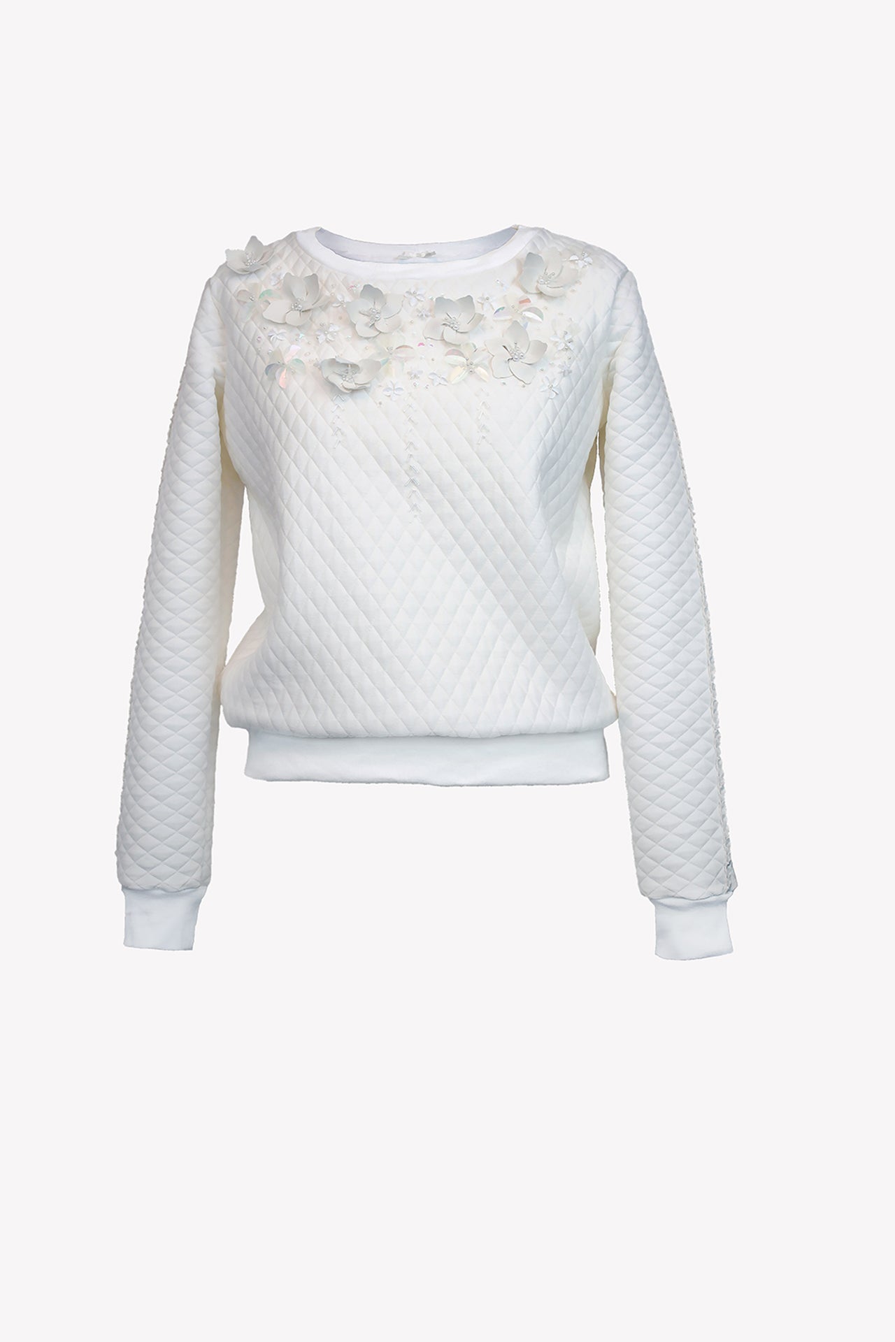 Quilted jumper with faux leather and sequin bead flowers