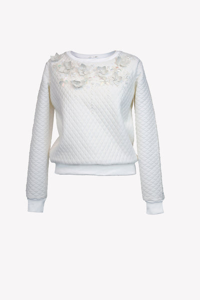 Quilted jumper with faux leather and sequin bead flowers