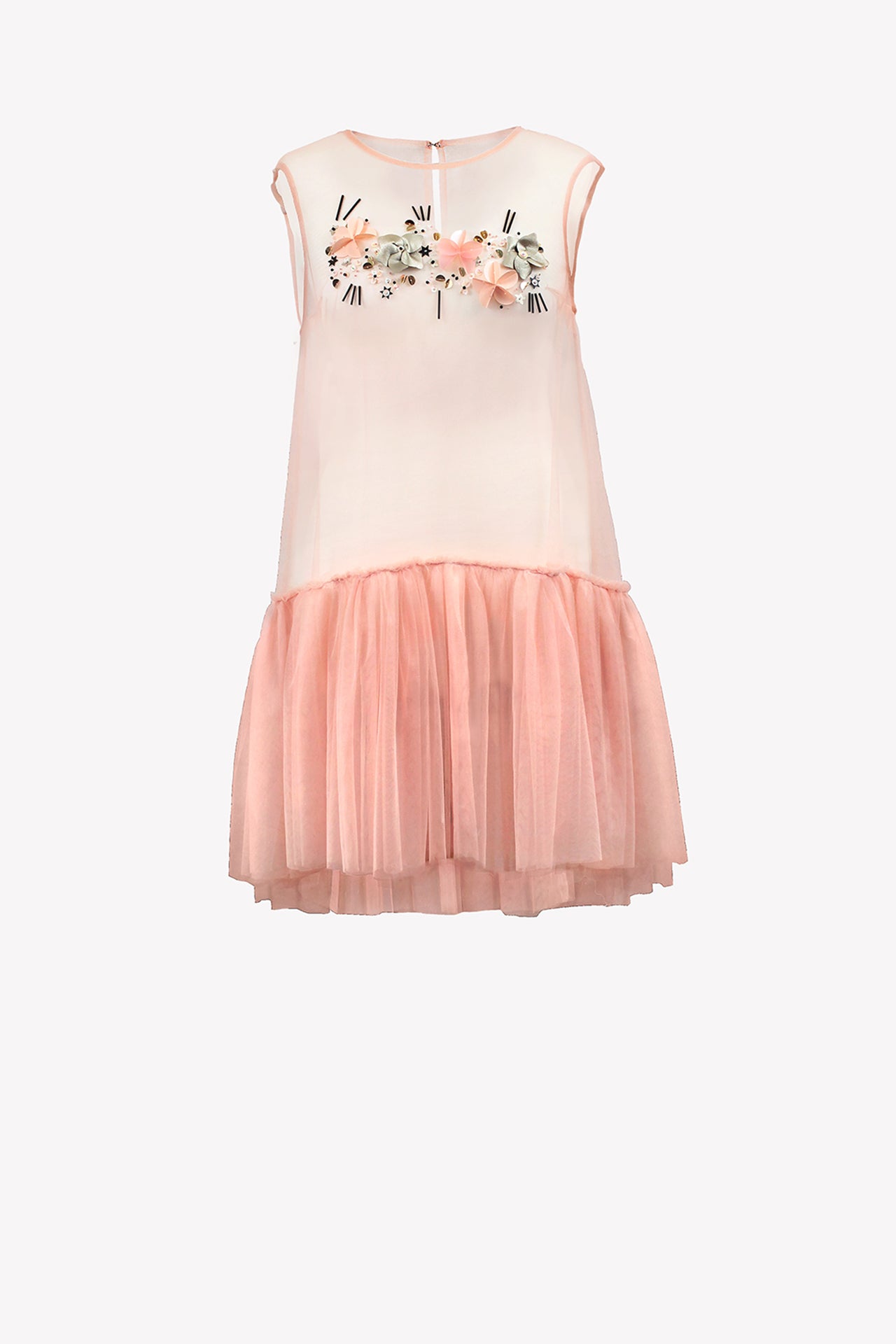 See-through mesh tunic w ith flower bead & leather embroidery