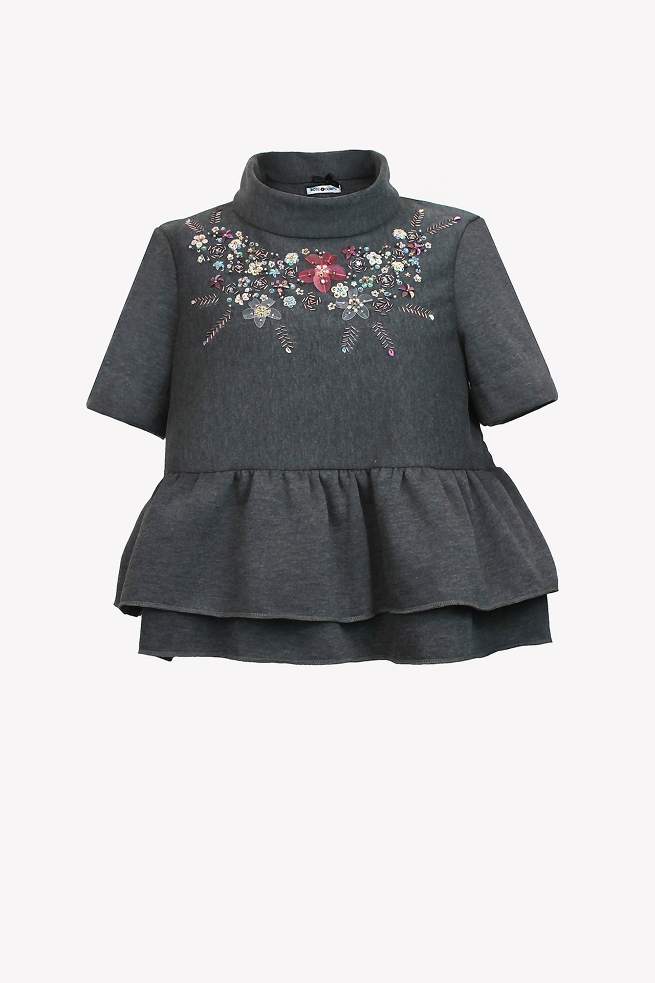 Short sleeve sweater crop top with floral bead embroidery