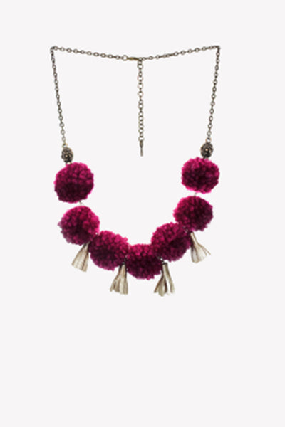 Short statement necklace w ith red wine pompoms, leather tassels and gold rose charms