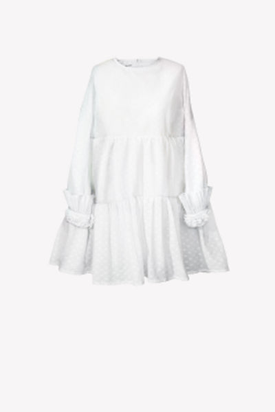 Spotted baby doll dress with artificial flowers and pleats on sleeves