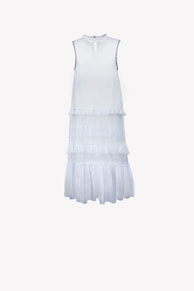 Tulle maxi tunic with frills and sequin neckline