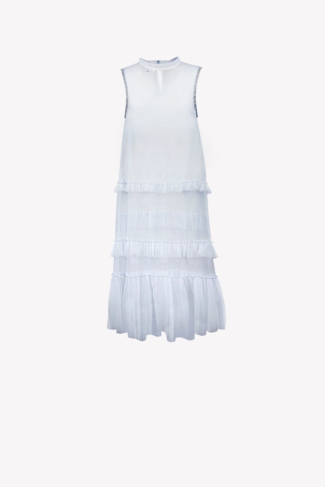 Tulle maxi tunic with frills and sequin neckline