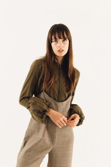 Volume Sleeved Stripe Top, Dark Green